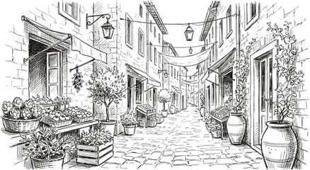 Hand drawn sketch of old European street with cobblestones and potted plants, vintage black and white vector illustration. © Shopna