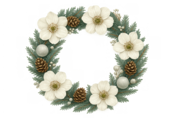 Christmas winter wreath with white flowers, pinecones, and berries, watercolor drawing on transparent background