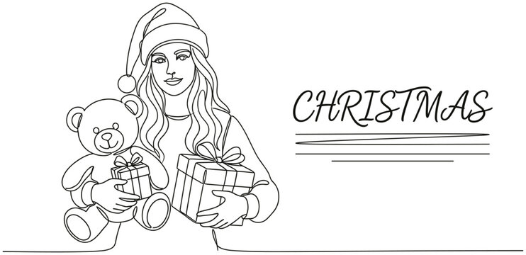 Continuous line drawing of woman wearing Santa hat holding teddy bear and gift box, minimalist Christmas vector illustration with text. - Powered by Adobe