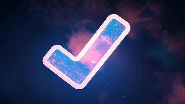 Rotating check mark with pink-blue nebula drifting on start in starry sky, glowing confirmation