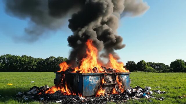 Dumpster fire raging in grassy field with dark smoke billowing skyward.
