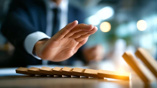 Faceless business crisis manager's hand stopping falling dominos defocused office background preventing collapse risk management concept problem solving action strategic inter