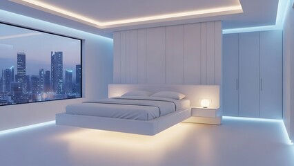 Fototapeta premium Modern minimalist bedroom with LED strip lighting and a city skyline view at night.