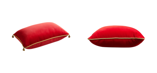 Luxurious red velvet cushion with gold trim and tassels on a transparent background