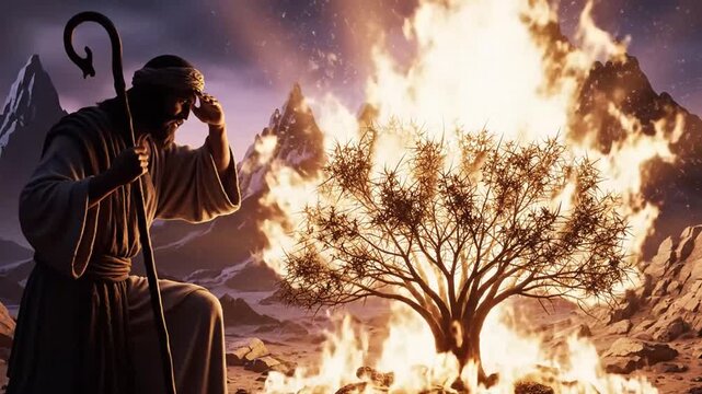 Desert prophet gazes upon burning bush miracle