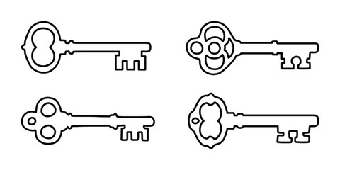 Vintage Skeleton Key Outline Set. Antique Lock Key Line Art Collection