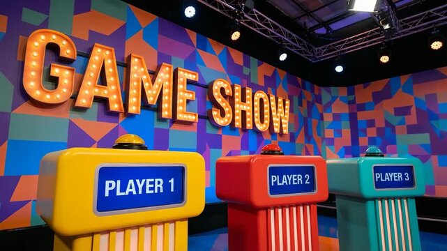 Colorful retro game show studio set with podiums lights and signage ready for exciting television competition quiz video