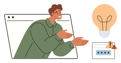 Man in browser window gesturing toward light bulb and warning mark on rating card. Ideal for teamwork, creativity, innovation, brainstorming, feedback, teaching, problem-solving. Simple flat metaphor