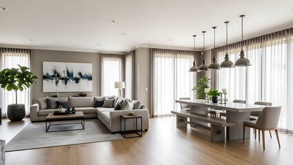 A spacious and modern open-plan living and dining area with a large sectional sofa, dining table, and abundant natural light.