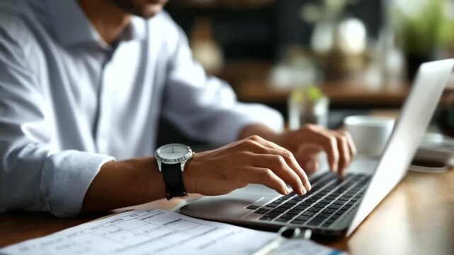 Faceless businessman scheduling work plan on laptop computer defocused workplace background concept marketing plan and project management monthly planning diagram sales and mar