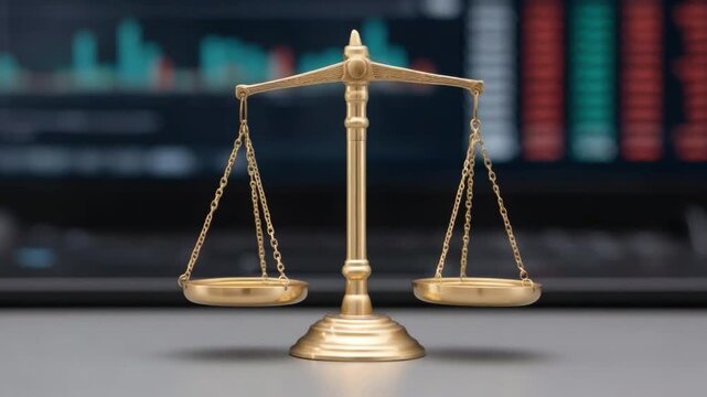 Golden Scales of Justice Displayed Against a Stock Market Background Reflecting Financial Data and Investments 4k video footage