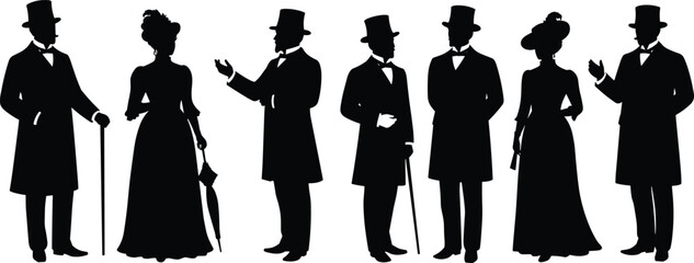 Victorian silhouettes of men and women, historical fashion illustration, vintage clothing design, cultural heritage art, antique costume figures, retro style icons