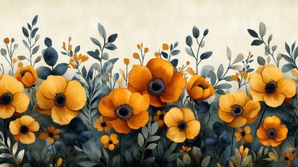 Decorative floral border of orange and yellow flowers with foliage on cream background