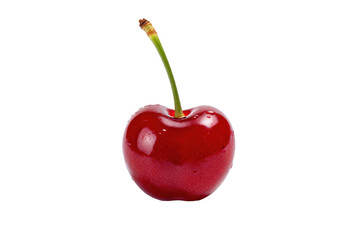 A single ripe red cherry with a green stem on a white background