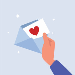 Happy valentine's day. Woman hand holds an open envelope with red heart symbol. flat design. Isolated background. Letter from lover.  Vector illustration