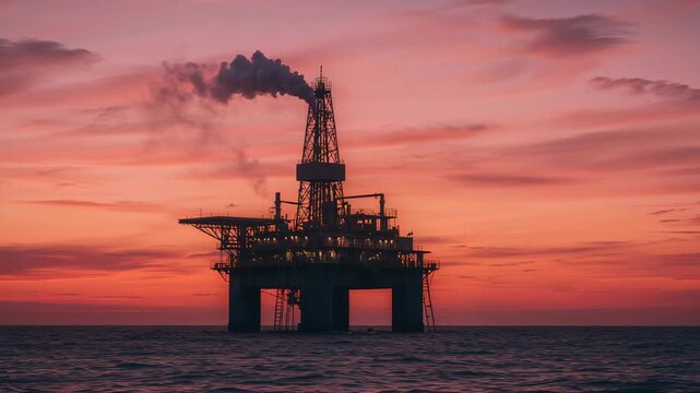 Igniting flare stack on offshore oil platform emitting dark smoke and venting excess gas at sunset