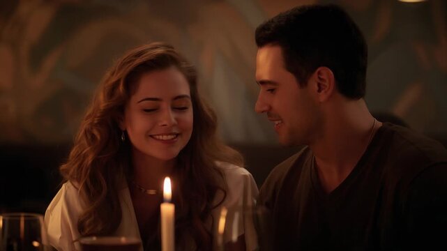 Leaning man whispering praise, woman smiling in booth, taper candle between wine glasses