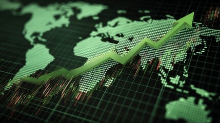 Green Chart Line and World Map Background Representing Financial Growth and Economic Progress in a Digital Age of Data Visualization and Analytics