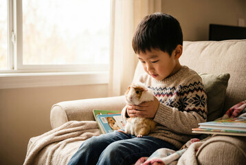 Ni&ntilde;o peque&ntilde;o acariciando un conejillo de indias mientras est&aacute; sentado en un sof&aacute; junto a una ventana soleada.