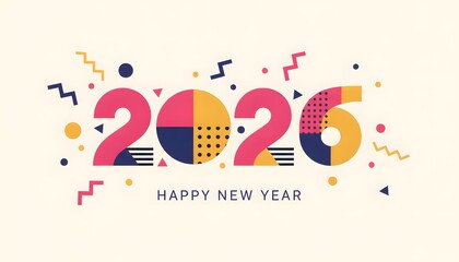 A vibrant geometric “2026” illustration in modern Memphis style on a soft off-white background. Perfect for New Year cards, posters, holiday branding, social media graphics