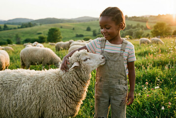 Ni&ntilde;a acariciando una oveja en un campo verde al atardecer rodeada de un reba&ntilde;o.