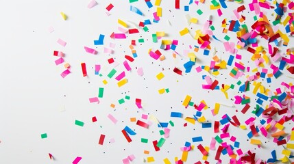 Obraz premium Colorful confetti scattered on a white background. Festive party celebration flat lay. Holiday concept with copy space