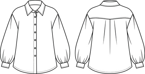 Women puff sleeve button down shirt technical drawing front and back view vector illustration fashion design template isolatedWomen puff sleeve   © Akhi's orld