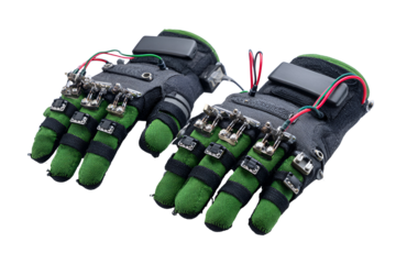 Futuristic cybernetic gloves with intricate wiring isolated on transparent background