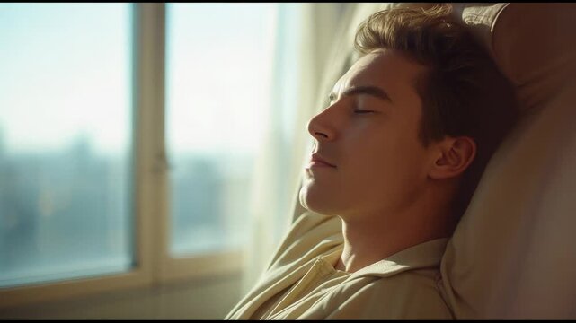 Resting male in light shirt reclining on sofa by window, sunlight causing calm rest, copy space