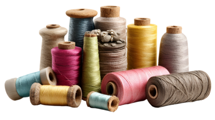 Collection of colorful spools and bobbins of thread isolated on transparent background