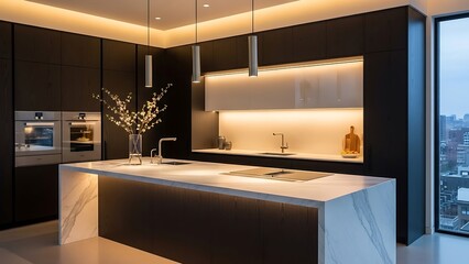 Modern luxury kitchen with sleek dark cabinetry, a marble island, and ambient LED lighting.