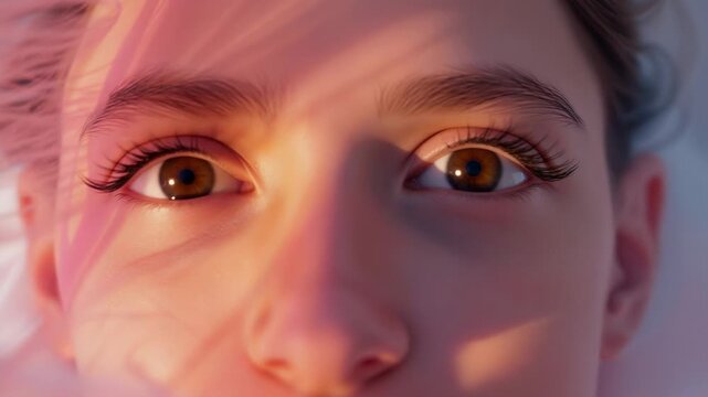 Warm low-angle light waking female subject slowly opening brown eyes on bed, with pink veil