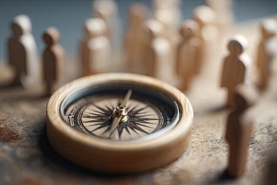 Wooden compass, miniature figures, shallow focus, representing guidance, direction, decisions