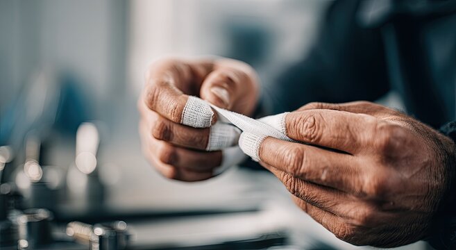 Close-up of a person's bandaged fingers. Focus on healing, injury, and healthcare