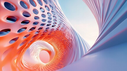 Abstract Architectural Curves Coral Perforations and Blue Ribbons Against Sky.