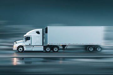 A speeding white semi-truck with a trailer blurred against a blue-gray abstract background