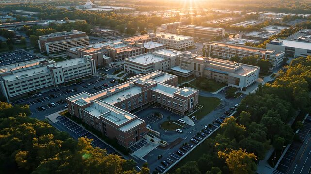 Gliding drone moving forward and lowering over campus with flare, revealing rooftop units and cars