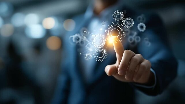 Faceless manager's hand touching business process management interface defocused background with gears and icons network workflow automation diagram connection line