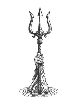 Engraved vector illustration of a powerful hand rising from the sea holding a trident, symbolizing Poseidon&rsquo;s oceanic might, ideal for fantasy prints, mythological themes, logos, and dramatic design.