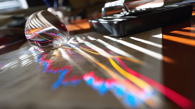 paperweight. Wooden desk with abstract financial visuals, featuring a glass paperweight refracting light. pitch deck slides.