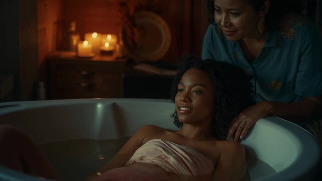 Smiling woman reclining in bathtub, friend leaning over tub in teal top offering support by candles