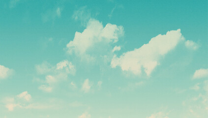 Engraved vector halftone sky with clouds in vintage turquoise and cream gradient background. Retro illustration line art backdrop.