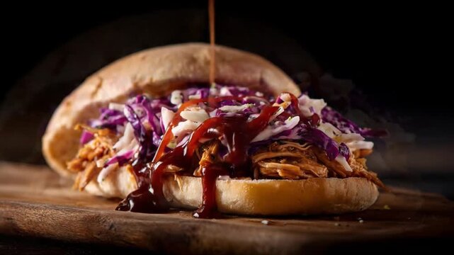 A mouthwatering pulled pork sandwich topped with vibrant purple coleslaw, drizzled with rich barbecue sauce, served on a rustic wooden board against a dark background
