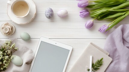 Scandinavian spring desk still life with tablet and tulips, top down flat lay workspace composition