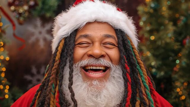 Laughing Santa wearing red coat and fur hat with dreadlocks in festive studio, camera rolling