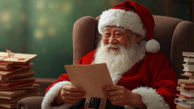 Glancing at sheet, Asian Santa in red coat sitting in cozy study, reading letters from stacks