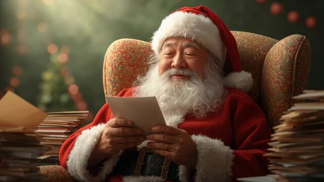 Picking up holiday letter, Santa in red suit reading, smiling in cozy chair beside mail stacks