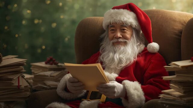Holding manila envelope, senior Santa reviewing mail in plush armchair amid stacks of letters
