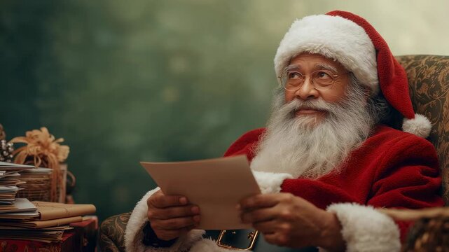 Reading senior Santa in red suit holding letter, glancing up, reflecting in chair with mail basket