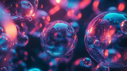 Luminous Spheres Abstract Bubbles with Vibrant Red and Blue Reflections.